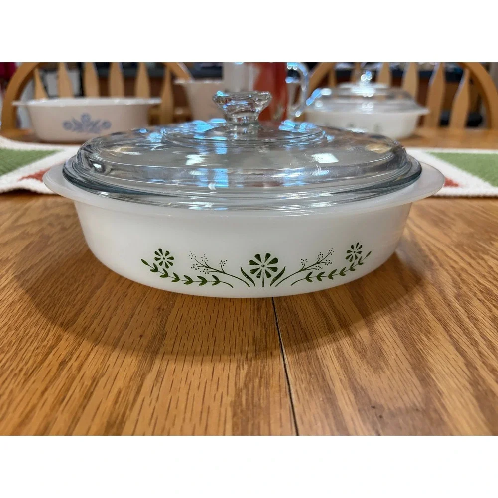 Glasbake Green Daisy Milk Glass Round Casserole Dish with Lid J2629 Vintage MCM